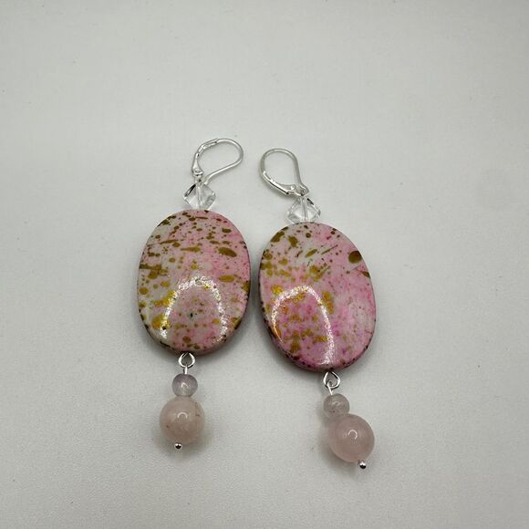 SALE 3" dangle earrings with painted acrylic beads, rose quartz and glass beads! - Picture 1 of 11